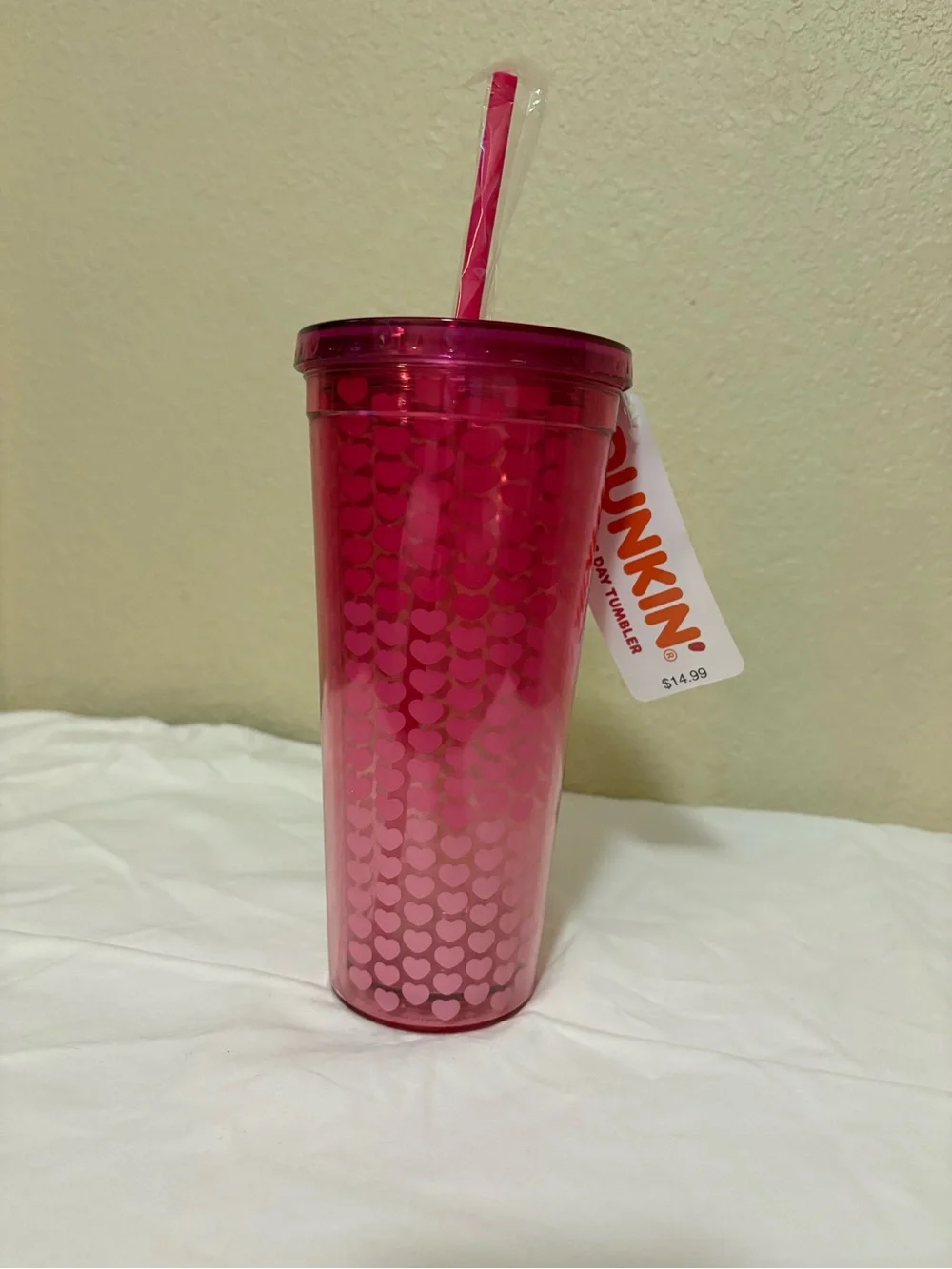 Dunkin' Pink Heart Pattern Tumbler Cold Cup w/ Straw Coffee & Tea Theme